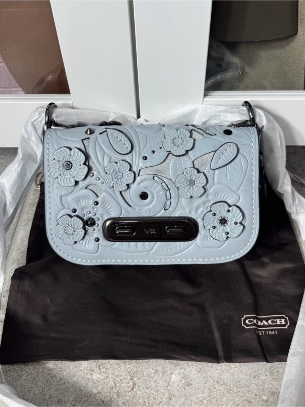 Coach Pale Blue Floral Leather Crossbody with Gunmetal Chain - Picture 4 of 13